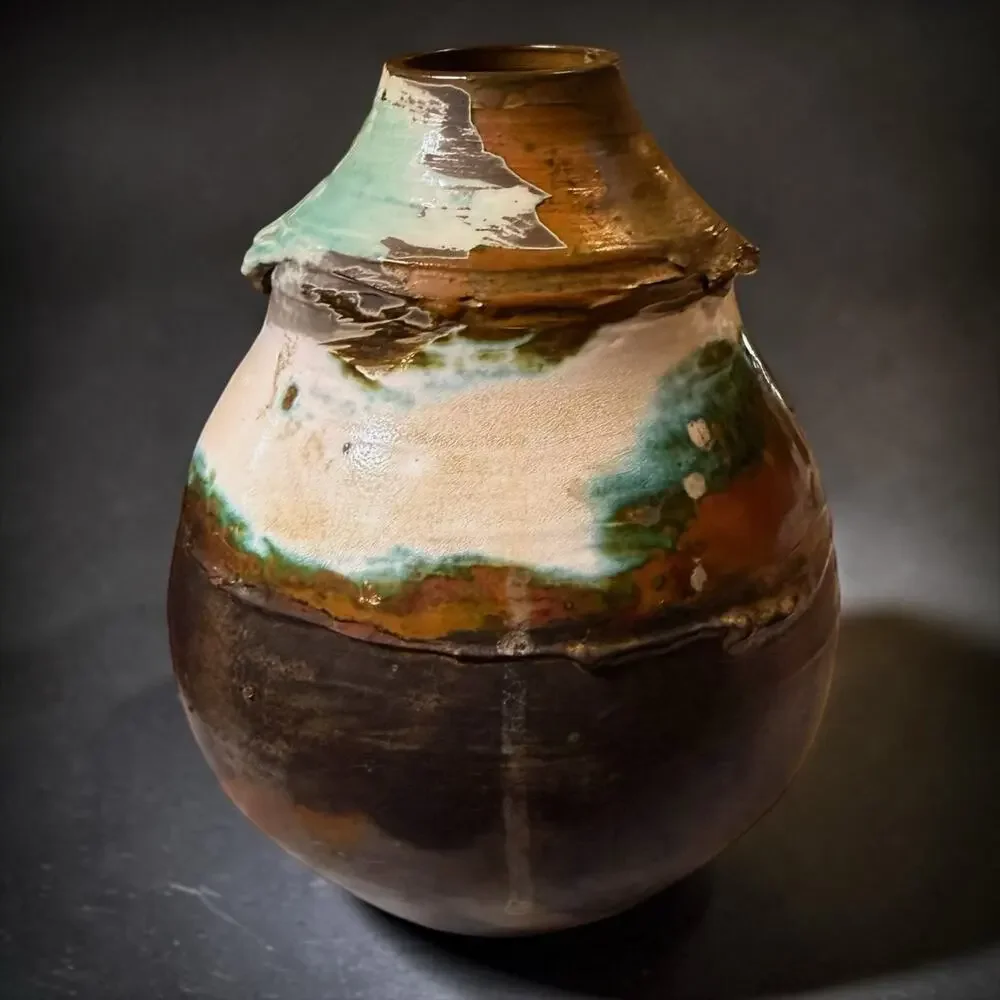 Artisan Ceramic Vase Handcrafted Fired Glazed Brown Cream Mint Green Signed
